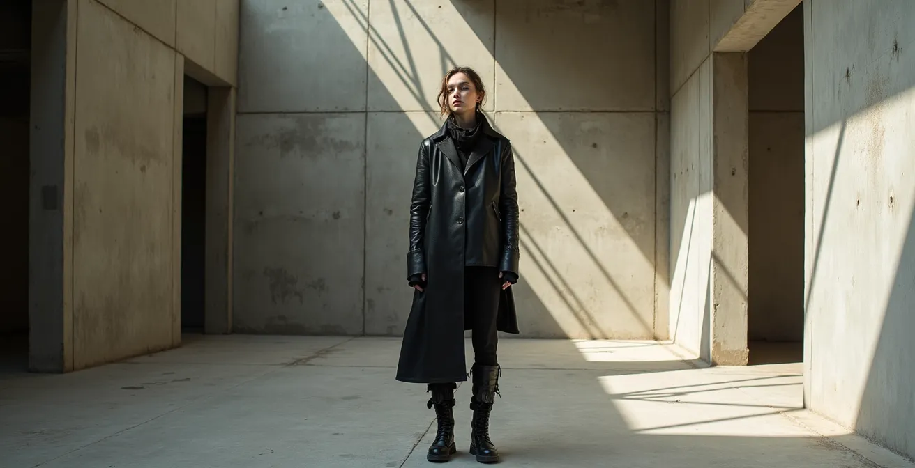 Experimentelle Modesilhouette mit dekonstruierten Elementen im urbanen Berlin-Kontext