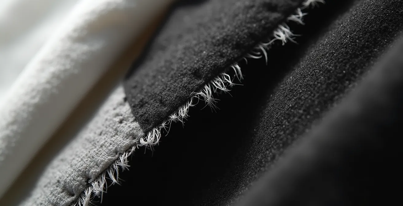 Dekonstruiertes Kleidungsstück mit nach außen gekehrten Nähten und rohen Stoffkanten