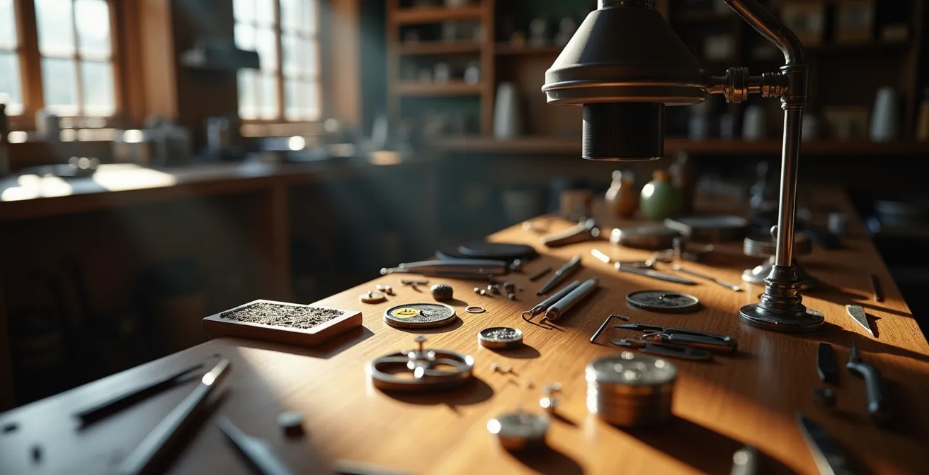 Uhrmacherwerkbank mit präzisen Werkzeugen und Uhrwerkskomponenten