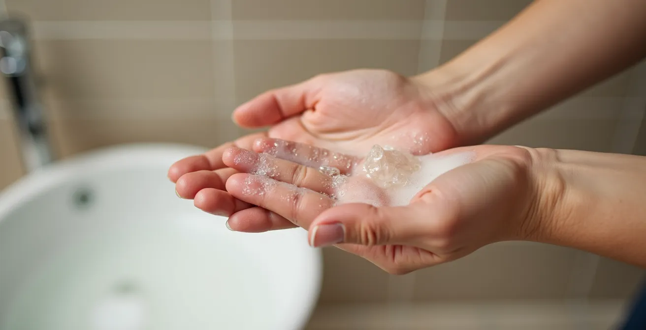 Nahaufnahme der Double Cleansing Technik mit Reinigungsöl, das auf die Haut massiert wird.