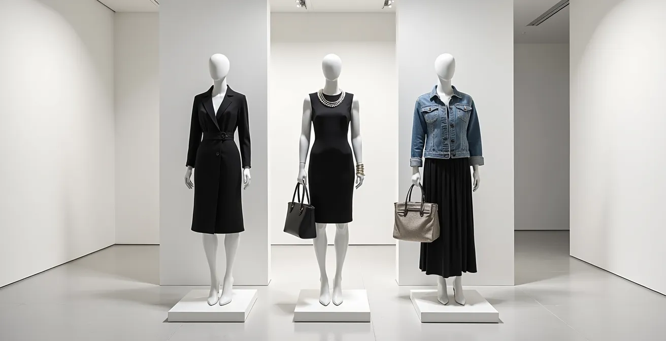 Drei verschiedene Styling-Varianten eines schwarzen Kleides mit unterschiedlichen Accessoires für Büro, Freizeit und Abend.