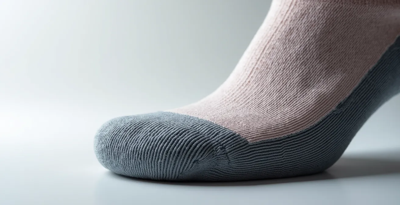 Makroaufnahme einer hochwertigen Socke mit anatomischer Passform und nahtloser Verarbeitung im Zehenbereich.