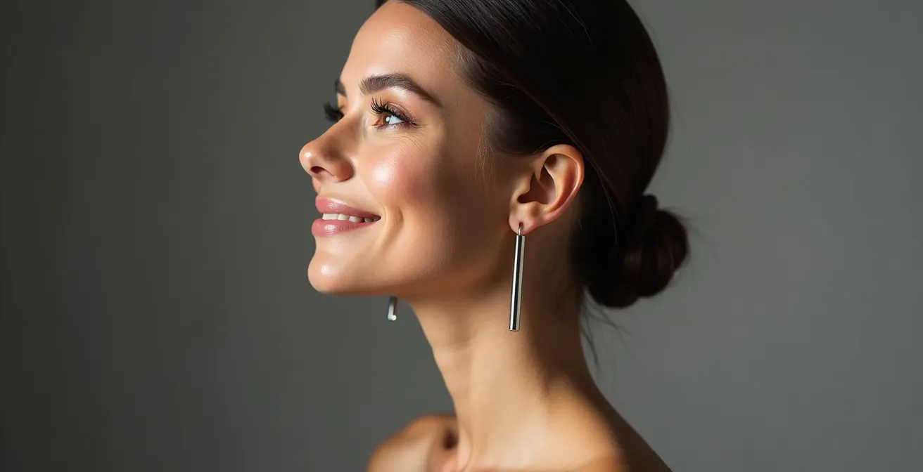 Porträt einer Frau im Profil mit minimalistischen länglichen Ohrsteckern die eine vertikale Linie betonen