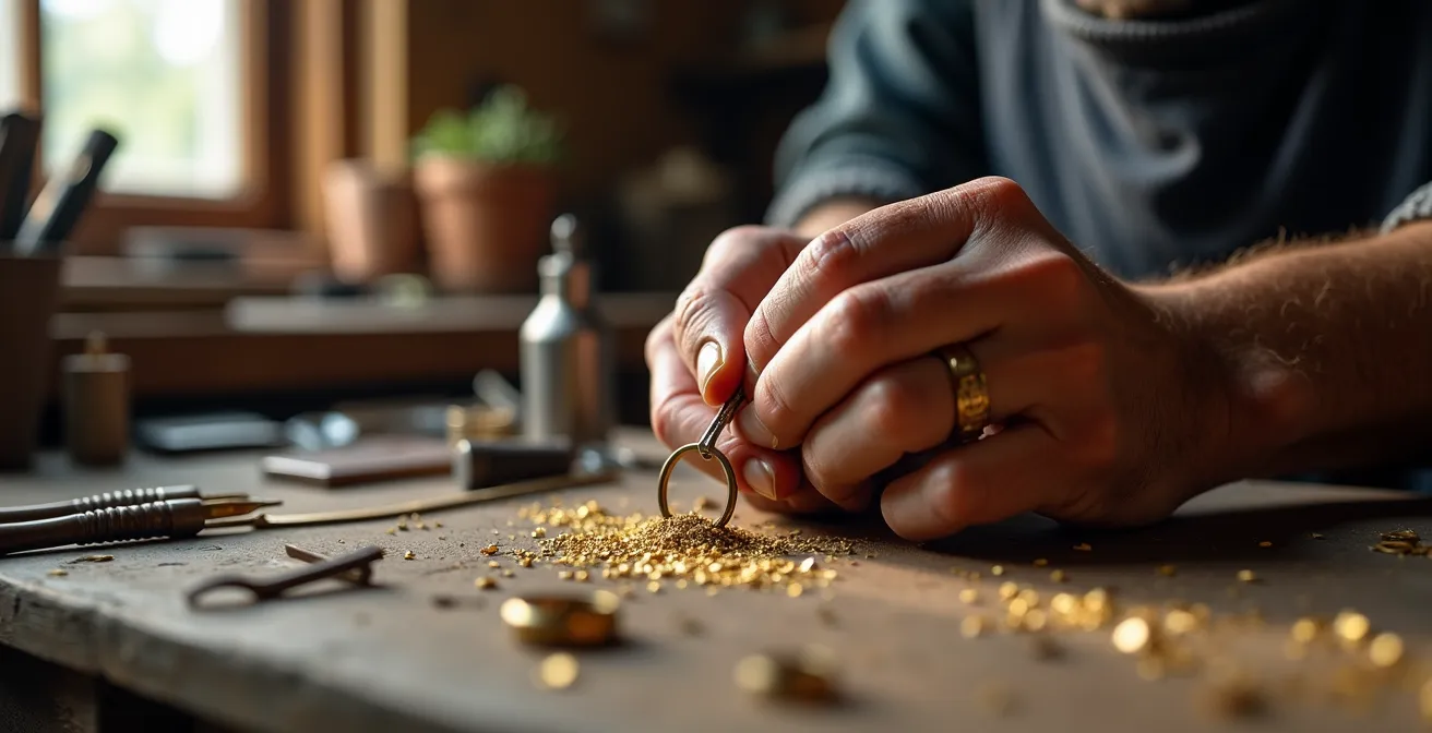 Goldschmiedehände bei der Detailarbeit an einem Diamantring mit traditionellen Werkzeugen