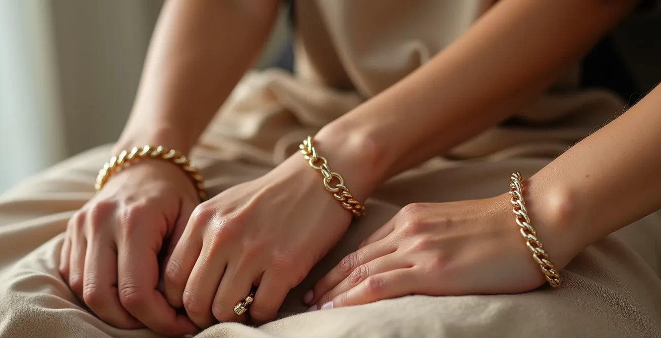 Verschiedene Gliederarmband-Breiten an unterschiedlichen Handgelenken, die das Spiel der Proportionen zeigen.