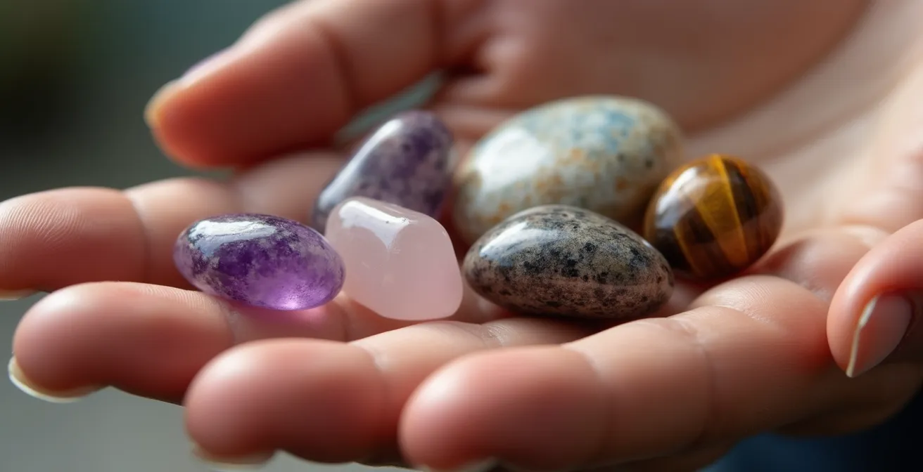 Nahaufnahme verschiedener polierter Edelsteine auf einer Hand in meditativer Haltung