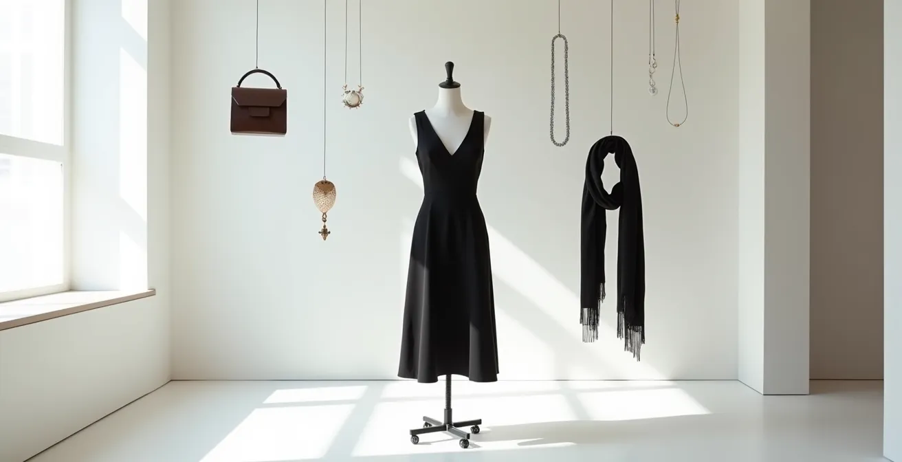Ein schwarzes Kleid mit verschiedenen Accessoire-Kombinationen, die unterschiedliche Stile repräsentieren