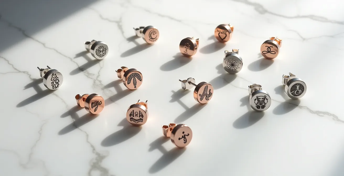 Verschiedene personalisierte Ohrringe mit Koordinaten, Symbolen und QR-Code-Gravuren im Detail