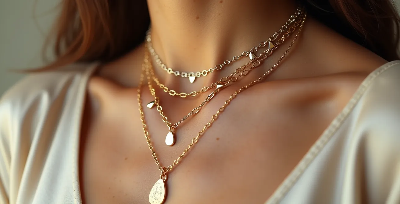 Detailaufnahme von drei übereinander getragenen Halsketten in Gold mit unterschiedlichen Längen und Texturen