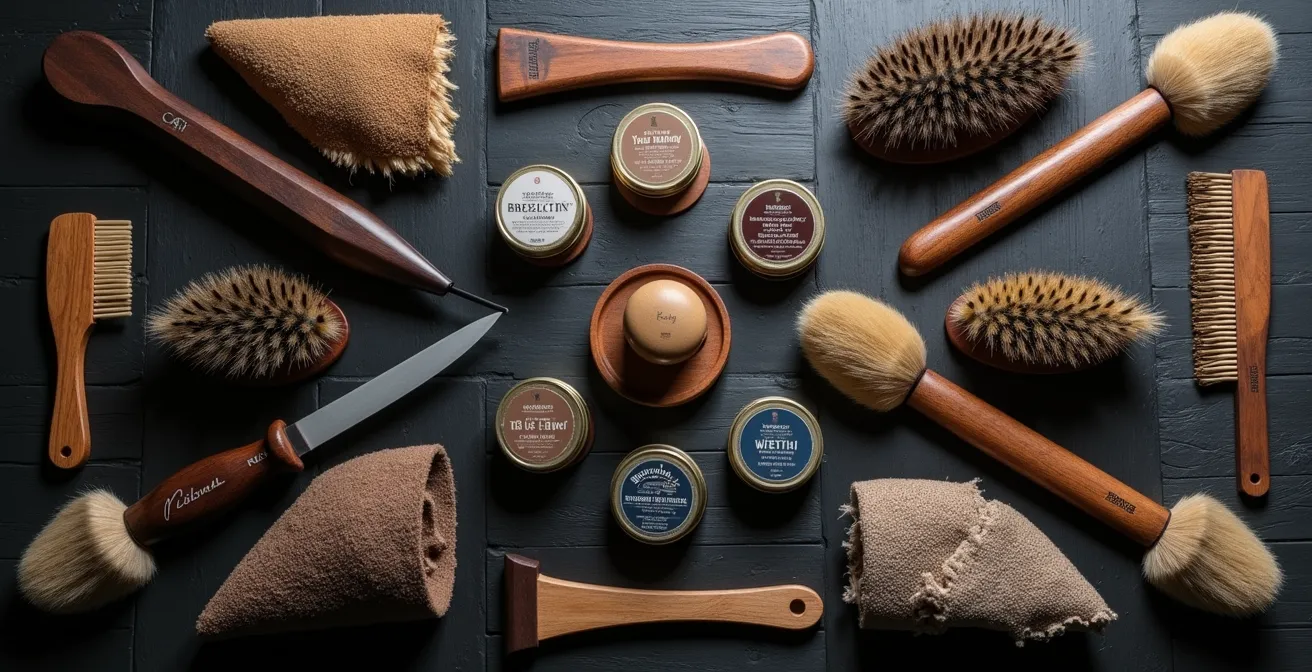 Hochwertige Schuhpflegewerkzeuge aus deutscher Produktion arrangiert