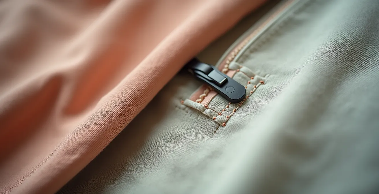 Detailaufnahme von hochwertigen Materialien und Verarbeitungsdetails nachhaltiger Kleidung