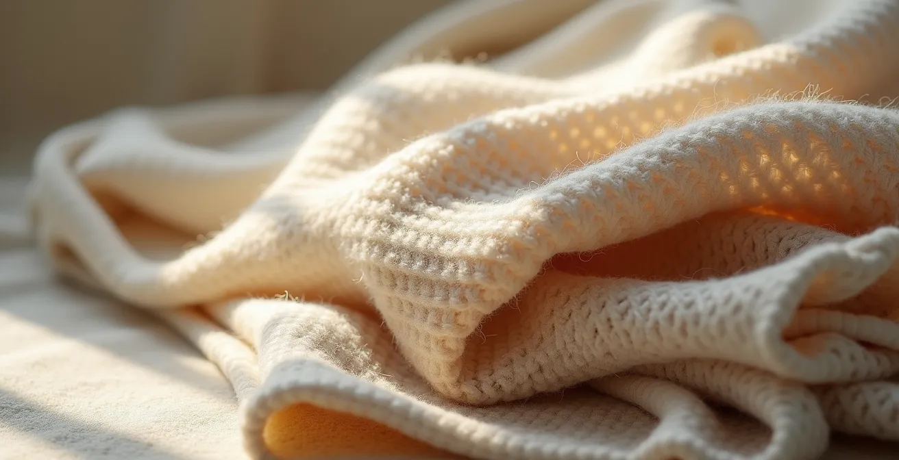 Nahaufnahme hochwertiger Stofftexturen und Materialien, die die Webart von Wolle und Seide zeigen