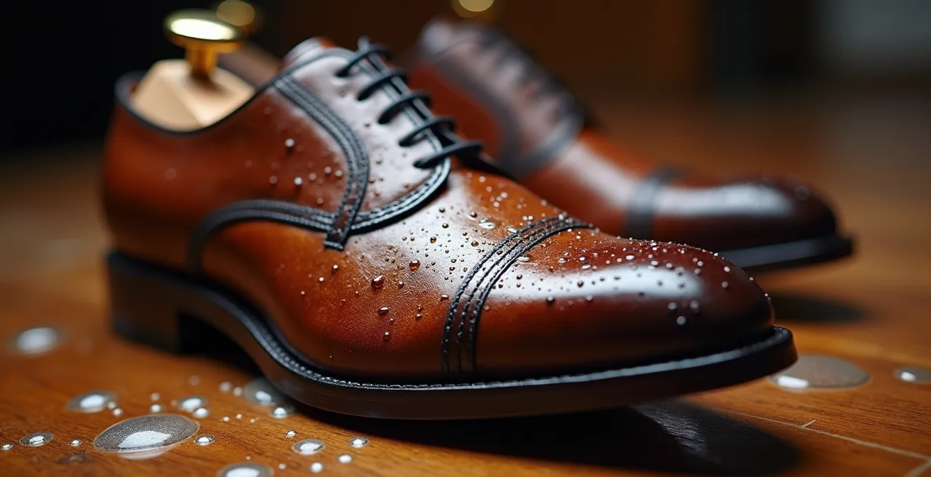 Lederschuhe mit Zedernholz-Schuhspannern bei natürlicher Raumtemperatur trocknen