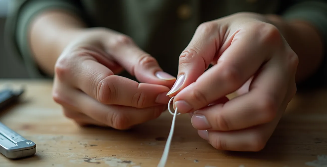 Hände demonstrieren die Fadenmethode zur Ringgrößenmessung, bei der ein Faden um den Finger gewickelt wird.