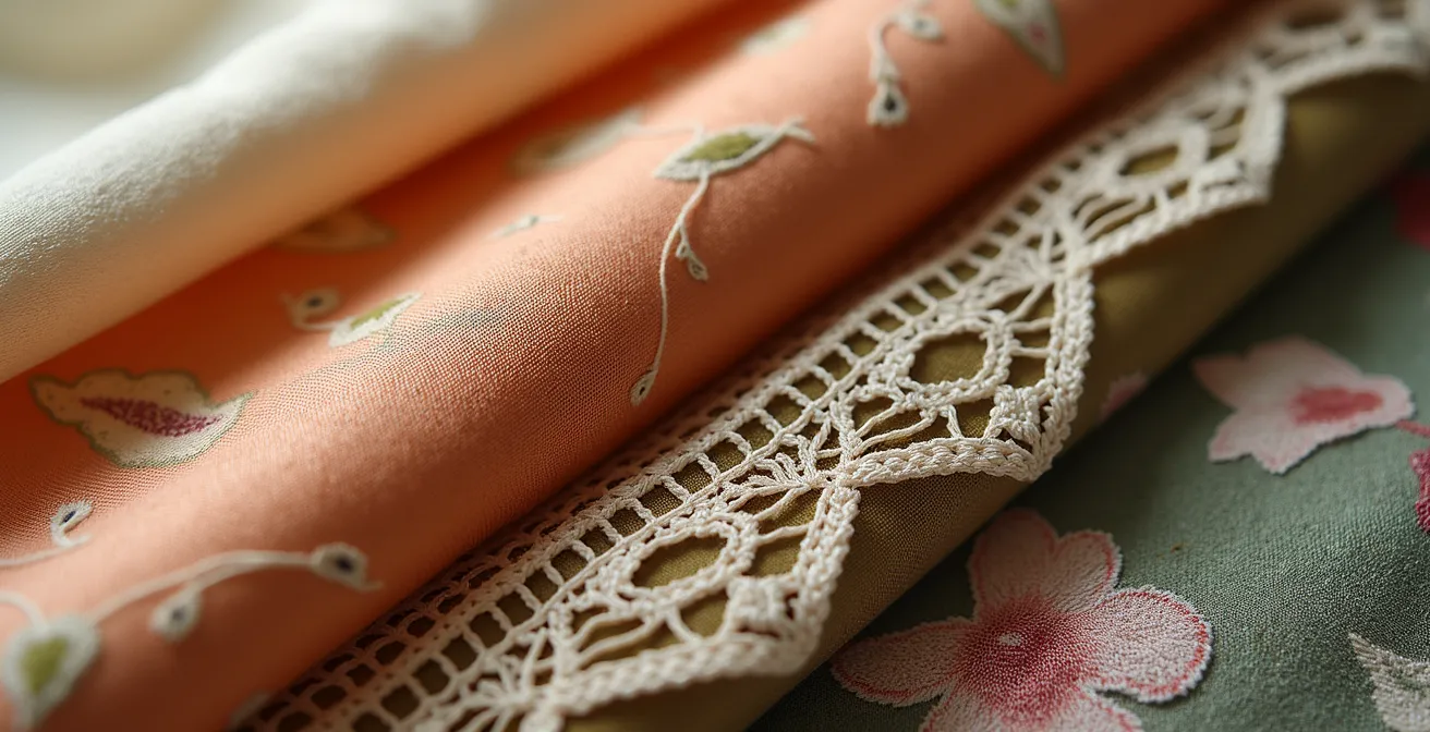 Nahaufnahme verschiedener Vintage-Stofftexturen und Accessoires in warmen Farbtönen