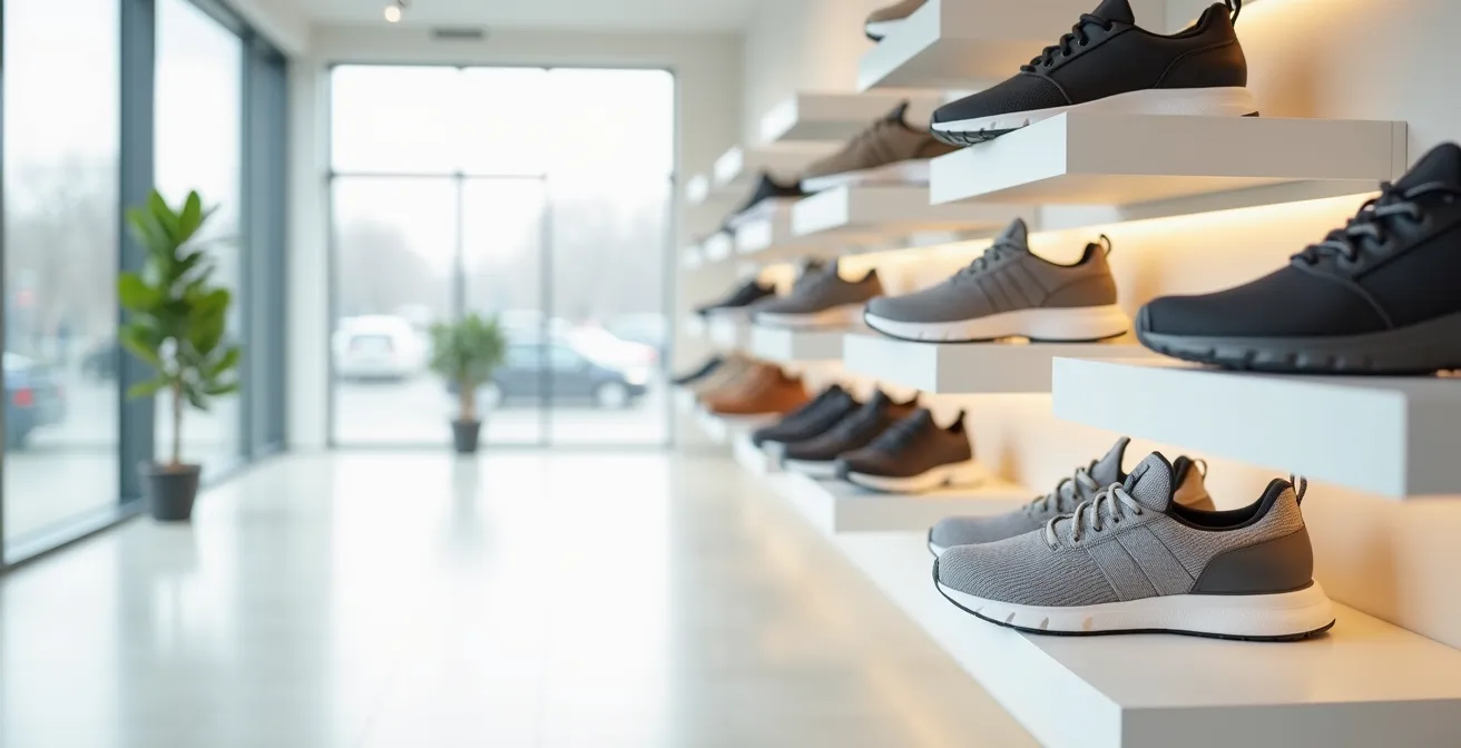 Verschiedene Schuhmodelle mit Stretcheinsätzen und breiten Zehenboxen, die für Menschen mit Hallux Valgus oder breiten Füßen geeignet sind.