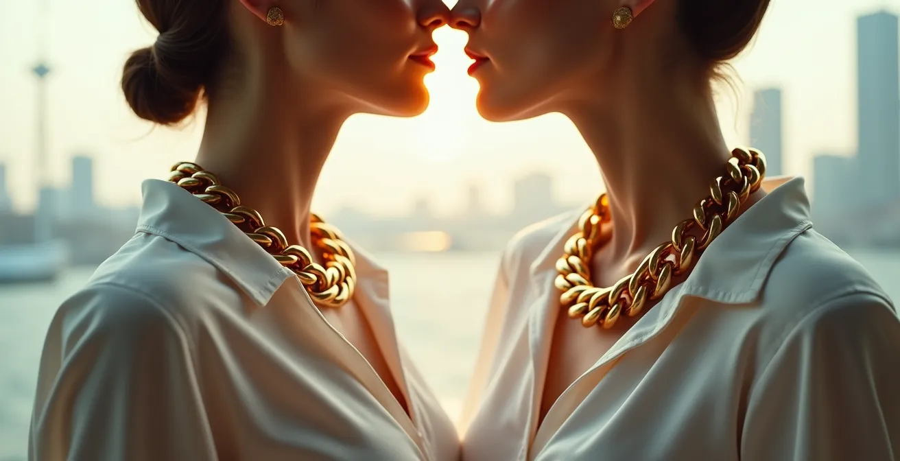 Transformation eines Business-Looks durch Statement-Kette im Vorher-Nachher-Vergleich