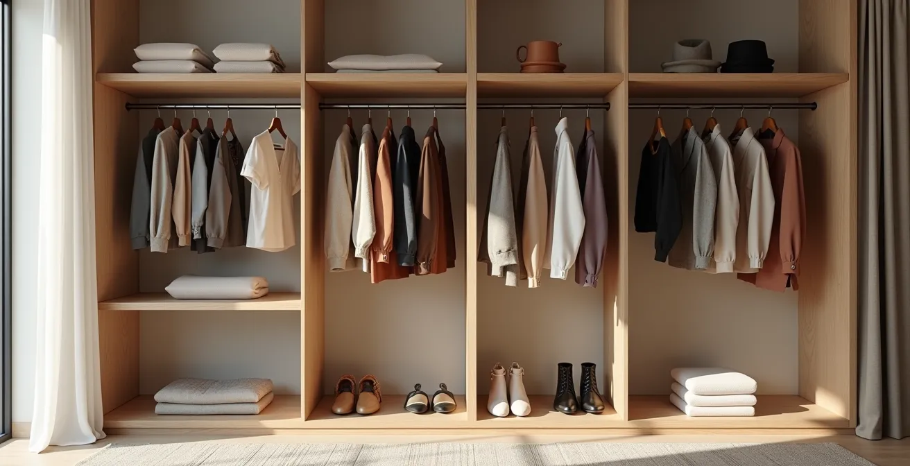 Ordentlich arrangierter Kleiderschrank mit farblich sortierten Kleidungsstücken