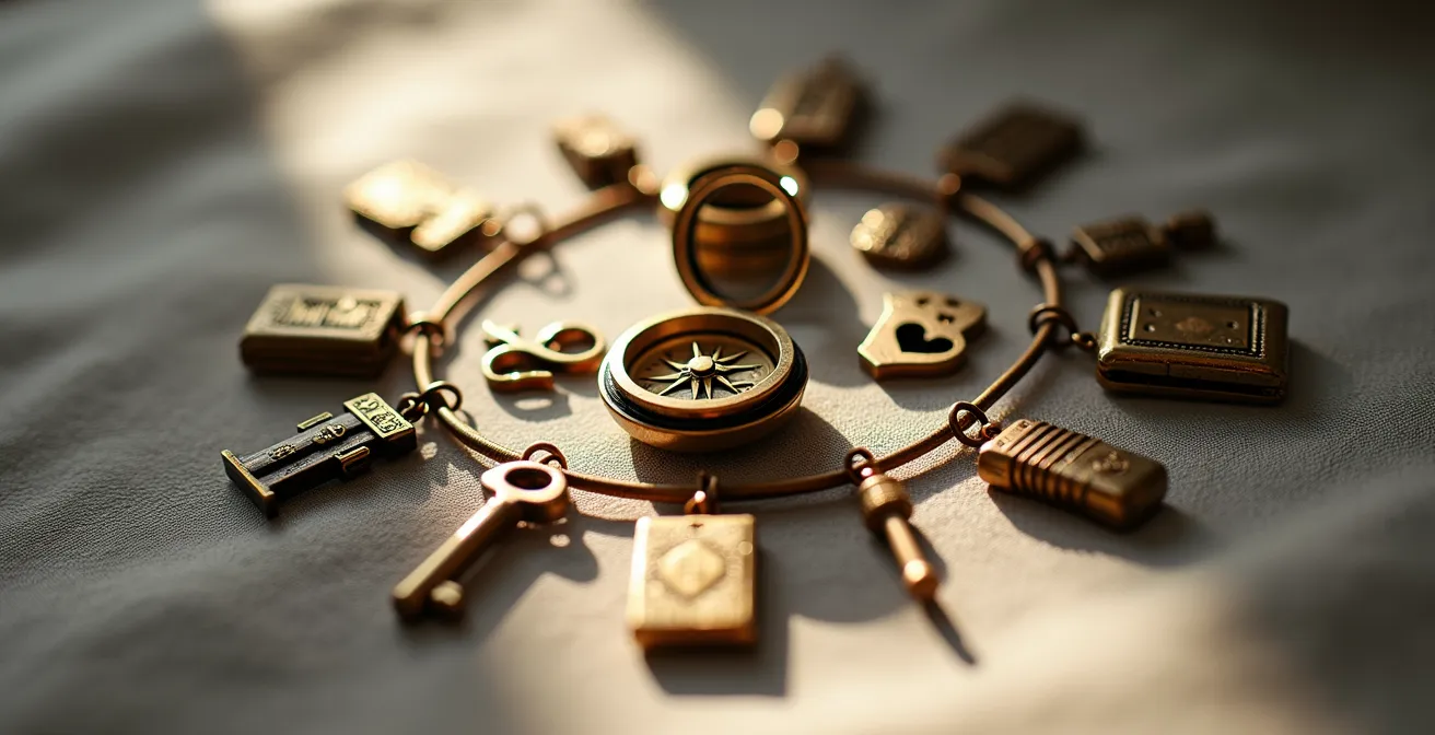 Künstlerische Darstellung verschiedener Charm-Symbole die Lebensabschnitte repräsentieren