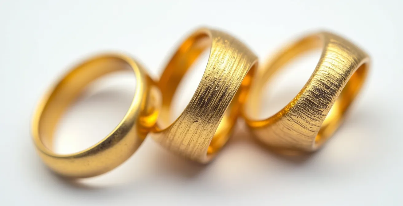 Drei verschiedene Gravurtechniken auf Goldringen nebeneinander dargestellt