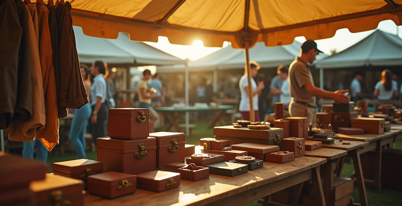Vintage-Kleidungsstücke und Accessoires kunstvoll arrangiert auf einem antiken Holztisch