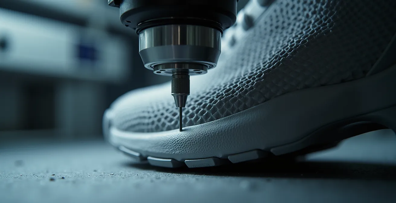 3D-Drucker erstellt eine maßgeschneiderte Schuhsohle in einer deutschen Werkstatt und zeigt die präzise Schicht-für-Schicht-Konstruktion.