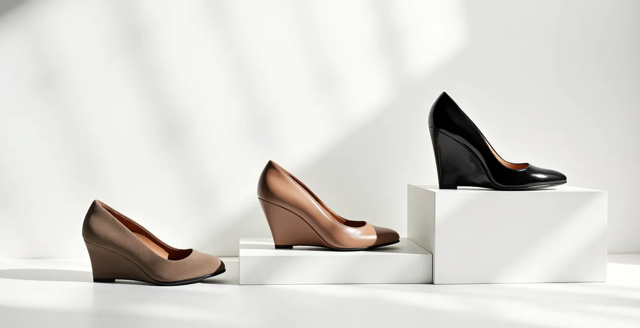 Drei Paar Damenschuhe mit unterschiedlichen Absatzhöhen – flach, Blockabsatz, Keilabsatz – nebeneinander aufgereiht.