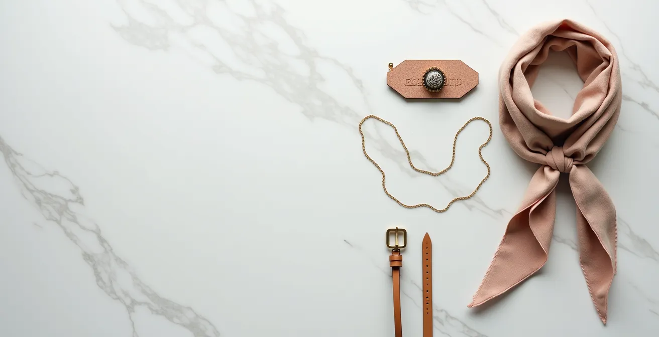 Minimalistische Anordnung von Accessoires auf hellem Hintergrund zeigt ausgewogene Styling-Optionen