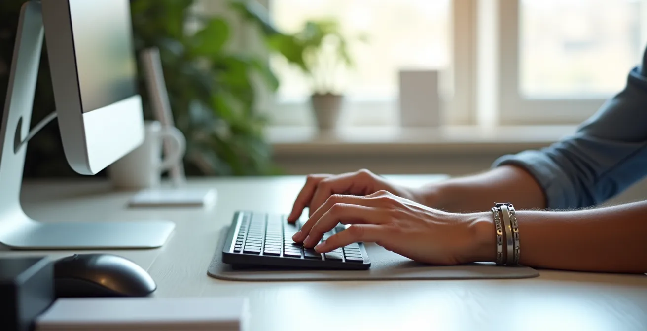 Seitenansicht eines Arbeitsplatzes mit Fokus auf Handgelenk-Position beim Tippen