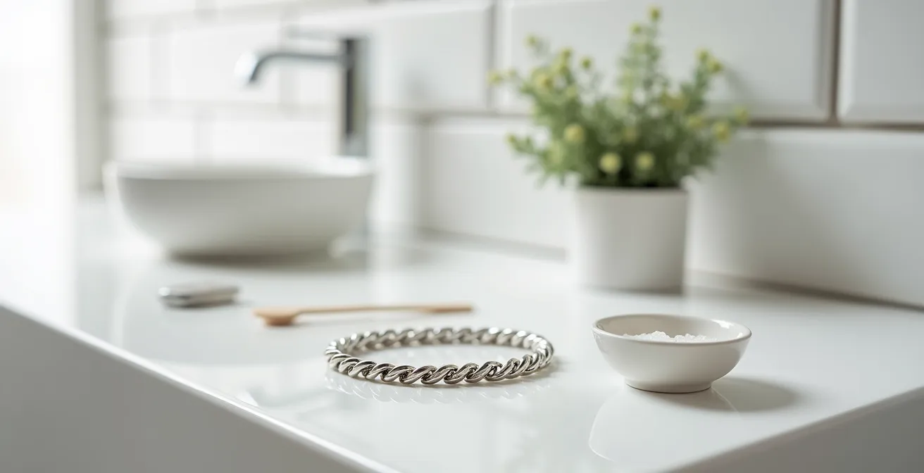 Detailaufnahme, wie die filigranen Zwischenräume eines silbernen Gliederarmbands mit einer kleinen Interdentalbürste gereinigt werden.