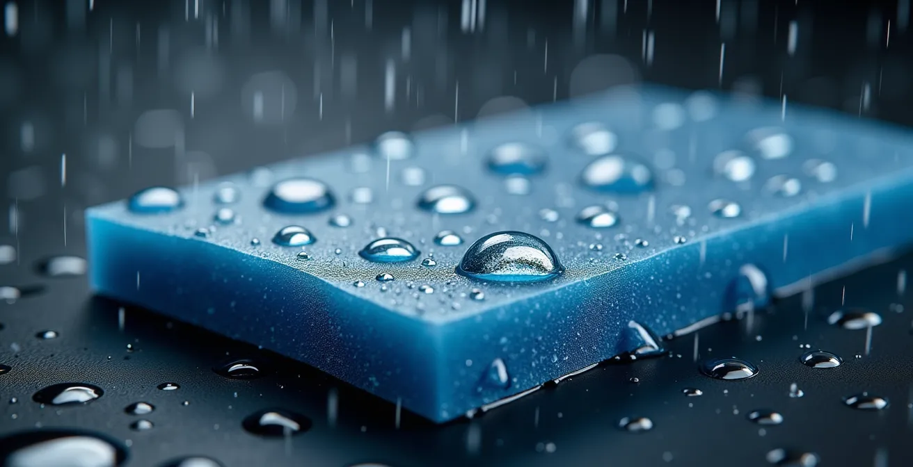 Mikroskopische Ansicht einer atmungsaktiven Membran, die Wassertropfen abweist, aber Dampf durchlässt.