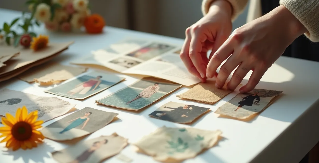 Eine Person erstellt ein analoges Moodboard mit persönlichen Gegenständen wie Postkarten und Stoffmustern.