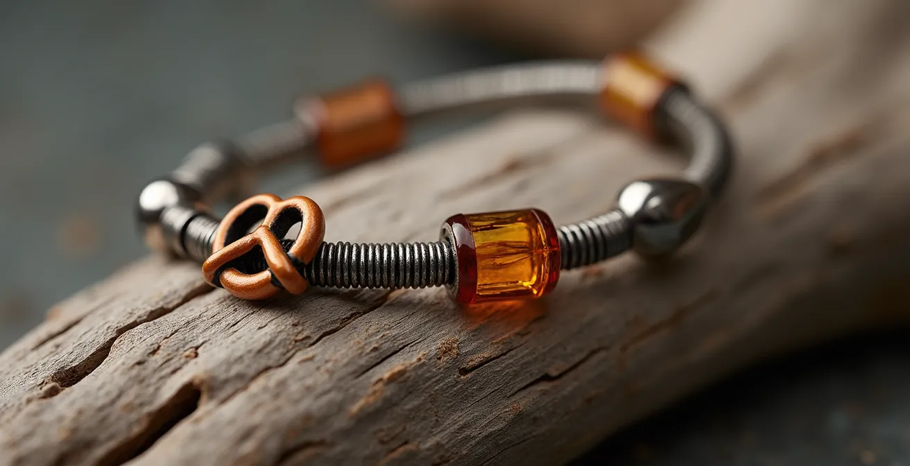 Makroaufnahme eines Bettelarmbands mit verschiedenen symbolischen Anhängern aus deutschen Regionen