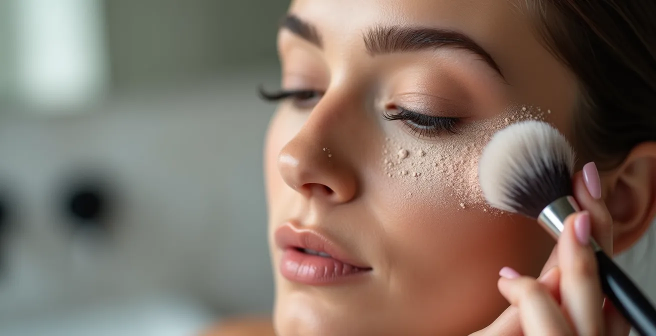 Nahaufnahme einer Frau beim Auftragen von transparentem Puder auf Nasenrücken und Wangenknochen