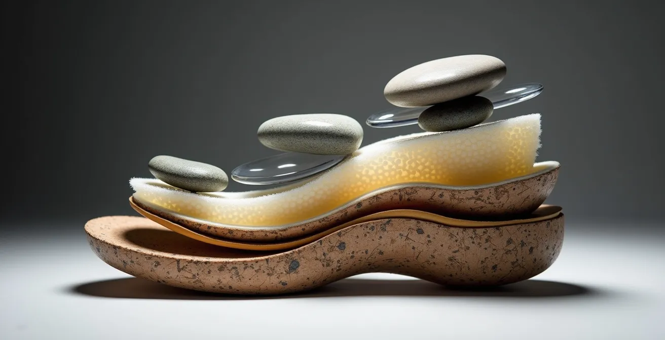 Querschnitt verschiedener Schuhsohlen mit sichtbaren Dämpfungssystemen