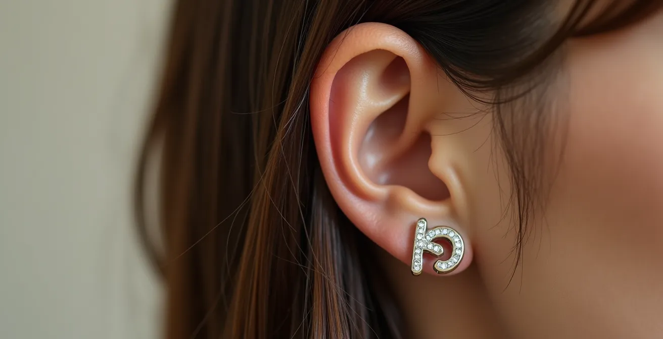 Frau mit Deep Side Part Frisur, die einen Zahlen-Ohrstecker zur Geltung bringt
