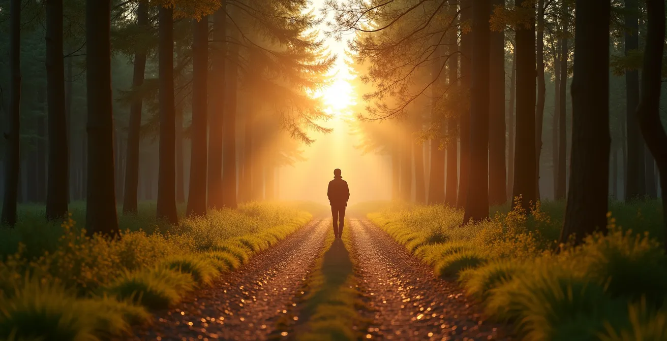 Ein ruhiger Waldweg im Abendlicht als Symbol für achtsame Alternativen zum Online-Shopping.