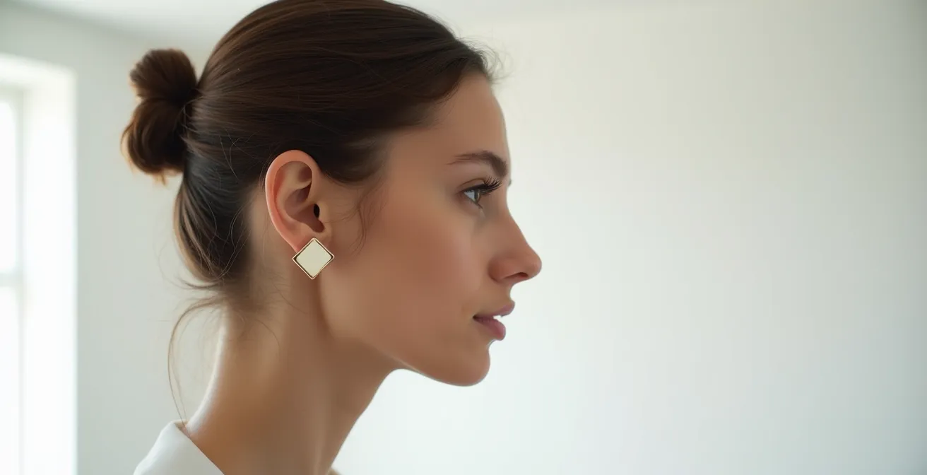 Ohr mit drei Piercings, die eine kuratierte, asymmetrische Anordnung statt eines einfachen Gradienten zeigen