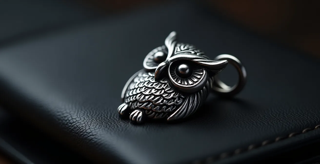 Makroaufnahme eines silbernen Eulenanhängers mit feinen Details