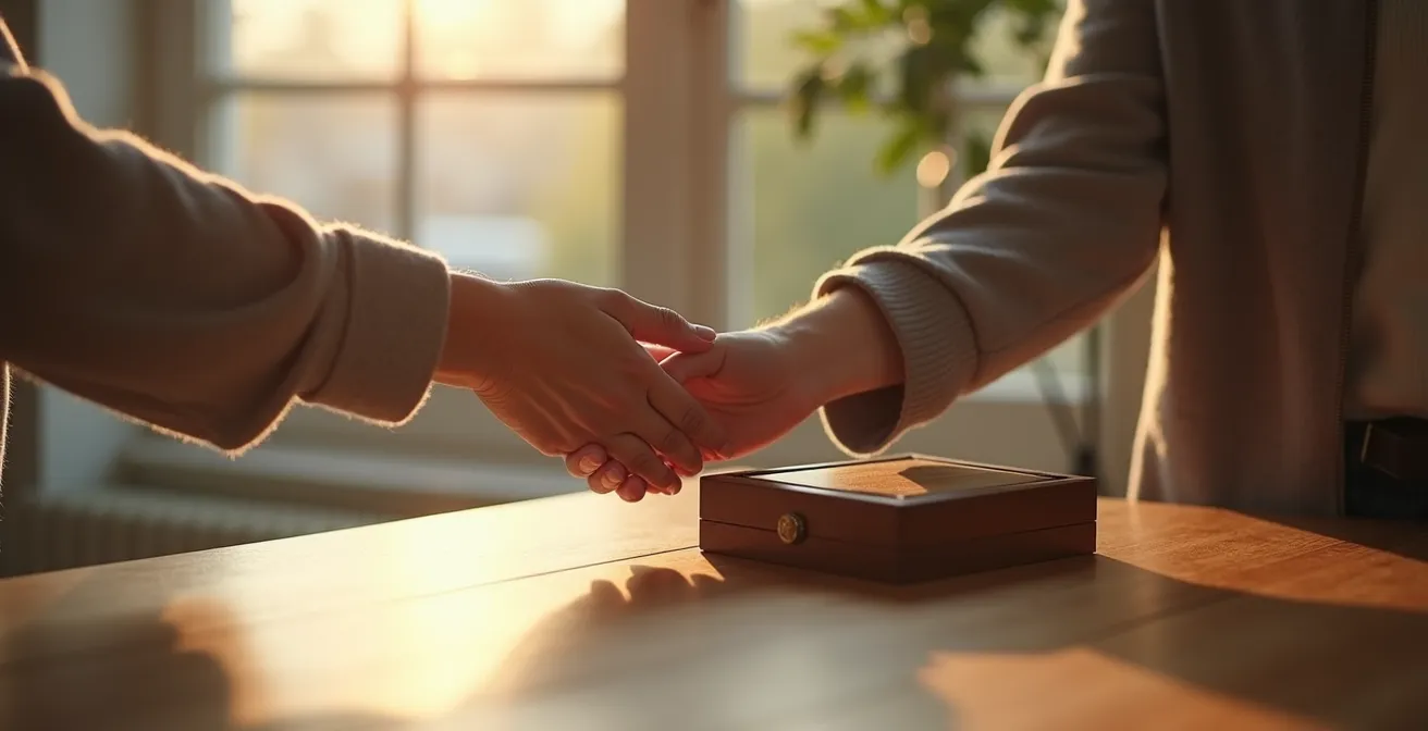 Emotionale Szene einer Schmuckübergabe zwischen Generationen in warmem Licht