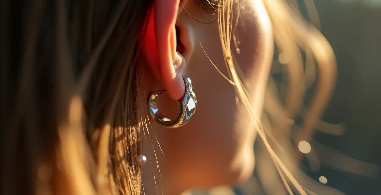 Filigrane Ohrstecker bei langen Haaren mit Lichtreflex-Effekt