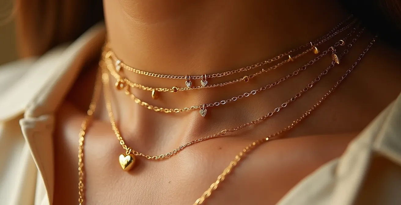 Nahaufnahme von filigranem Gold-Layering-Schmuck auf natürlicher Haut