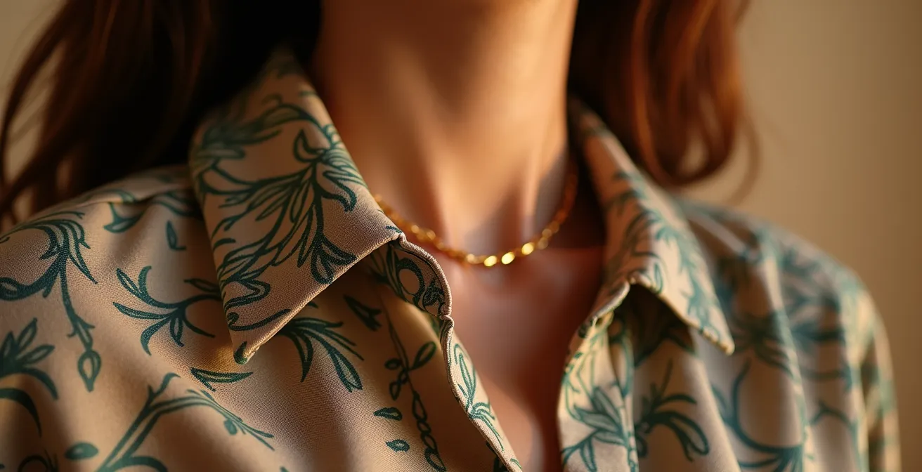 Subtile Make-up Harmonie bei gemusterter Bluse - Fokuspunkt-Theorie