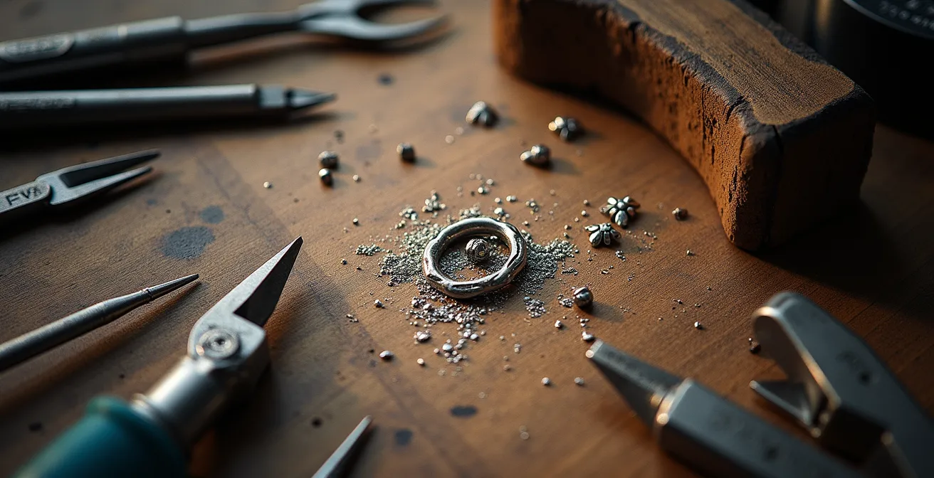 Detail einer Schmuckgravur in Bearbeitung in einer Juwelierwerkstatt.