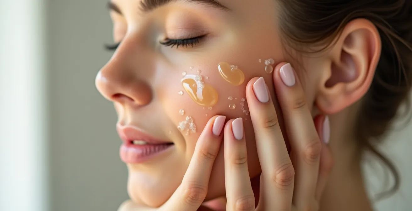 Nahaufnahme von Frauenhänden, die sanft Reinigungsöl in die Gesichtshaut einmassieren