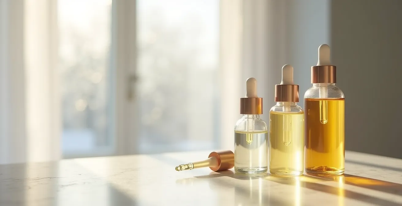 Minimalistische Darstellung der Schichtung von Hautpflegeprodukten mit sichtbaren Texturen