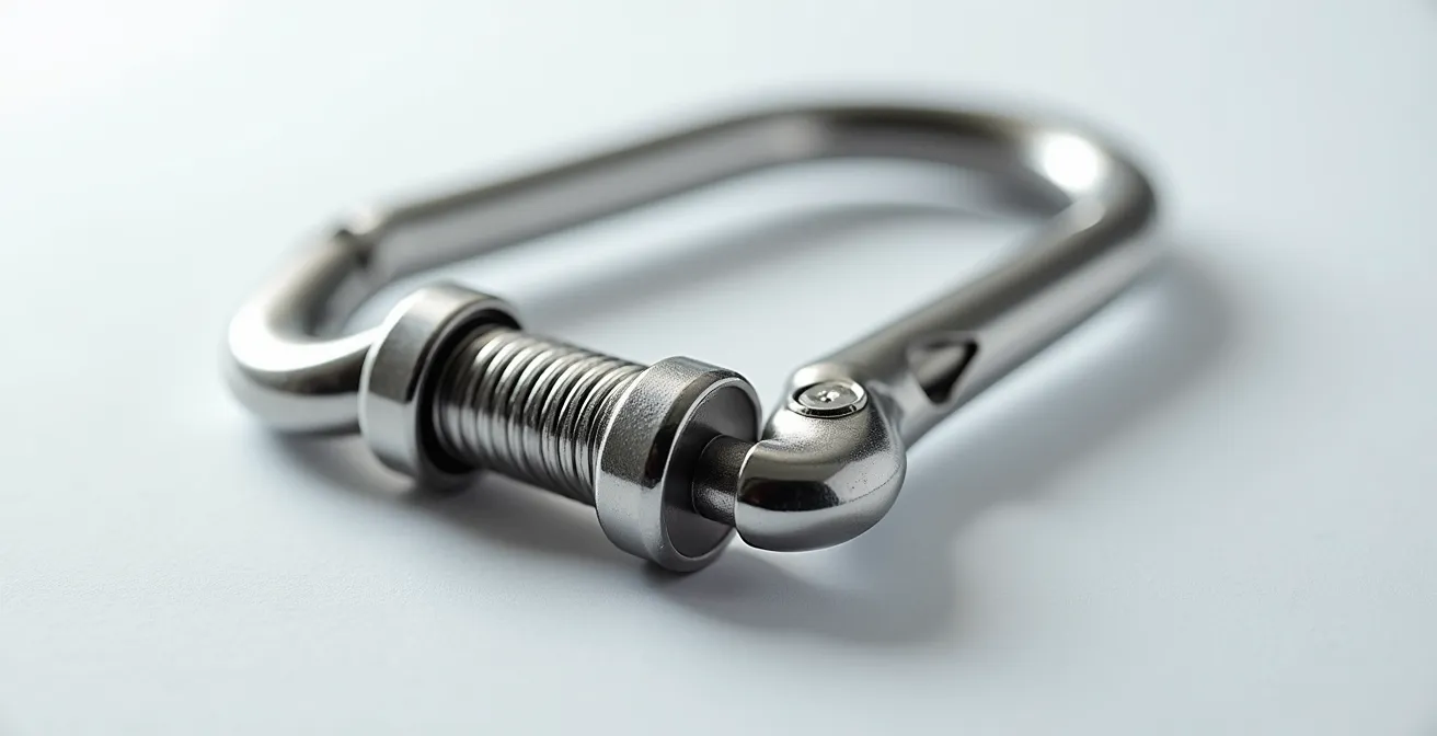 Makroaufnahme eines hochwertigen Karabinerverschlusses aus Edelstahl, der die präzise Federmechanik und die glatten Oberflächen zeigt.