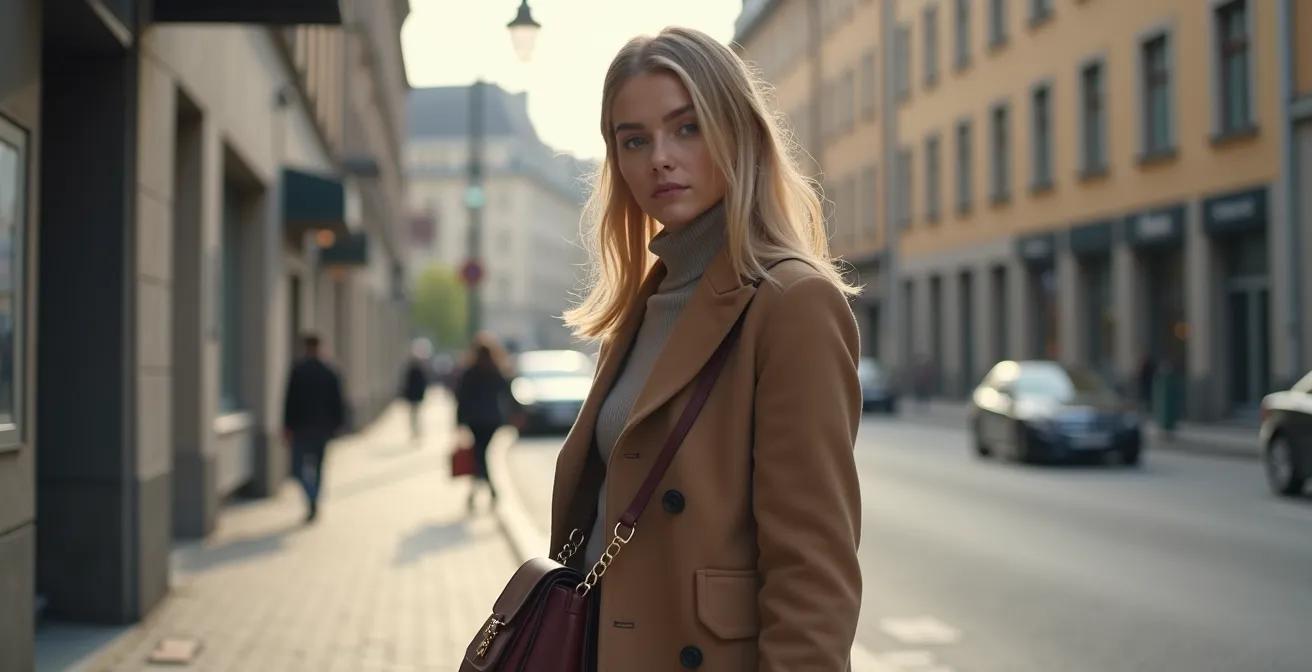 Kleine Frau mit perfekt proportionierter Crossbody-Bag in urbaner Umgebung