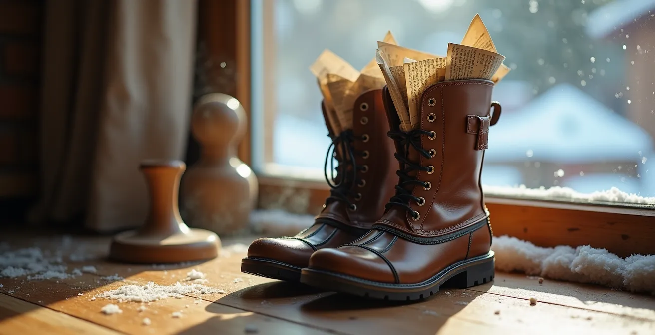 Lederschuhe mit Zeitungspapier gefüllt beim natürlichen Trocknen