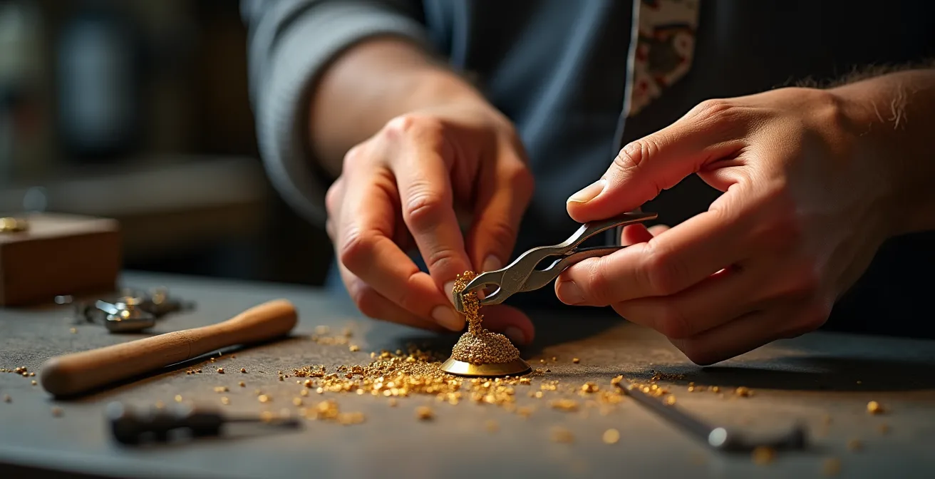 Goldschmiedewerkstatt mit traditionellen Werkzeugen und handgefertigtem Schmuck